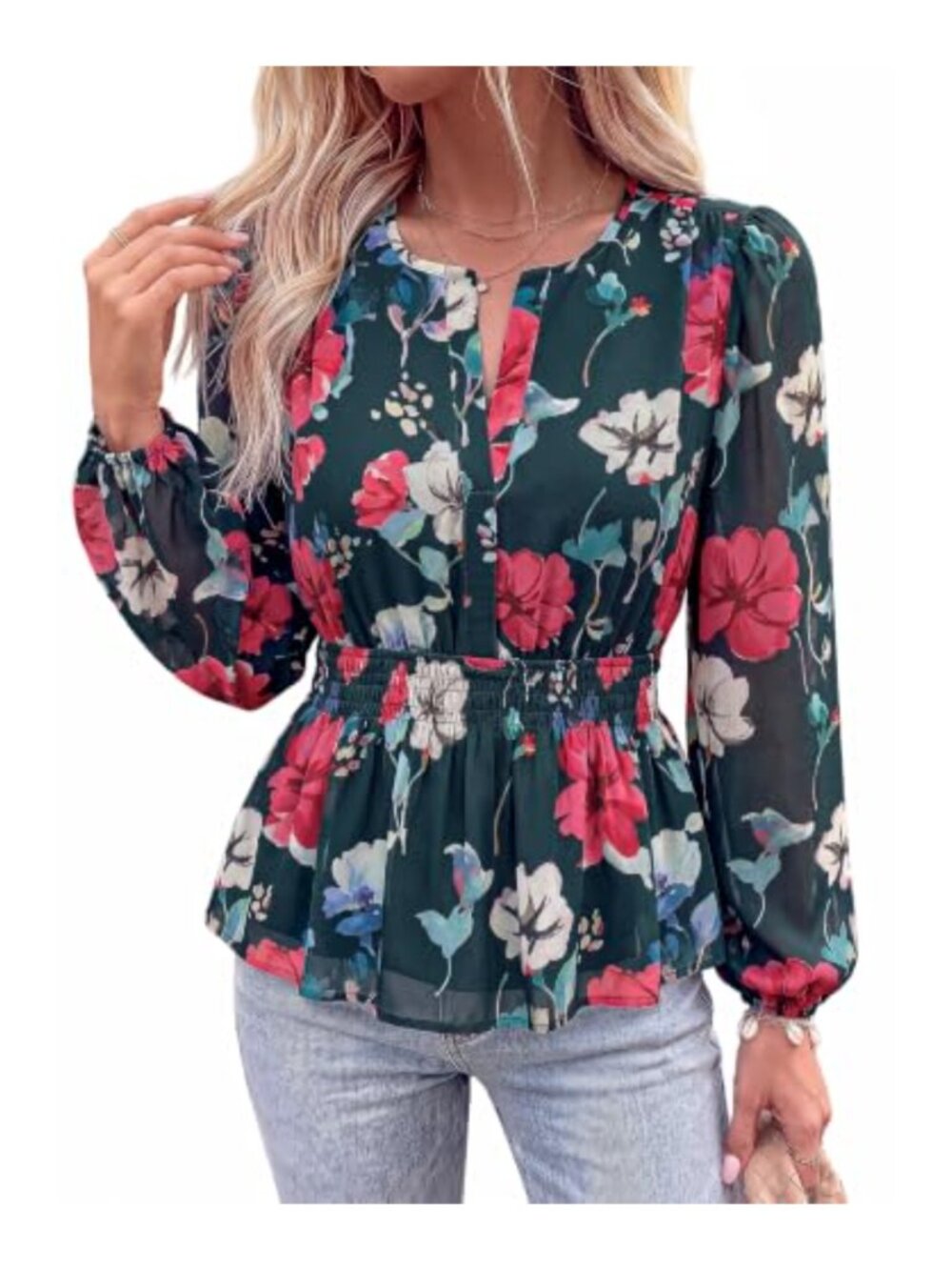 Womens Dressy Casual Floral V Neck Long Sleeve Chiffon Peplum Blouse